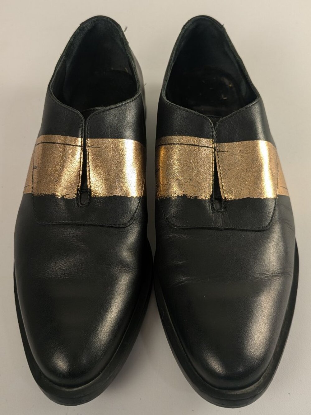 Miista London Black Leather Loafers Gold Metallic Stripe Shoes EU 38